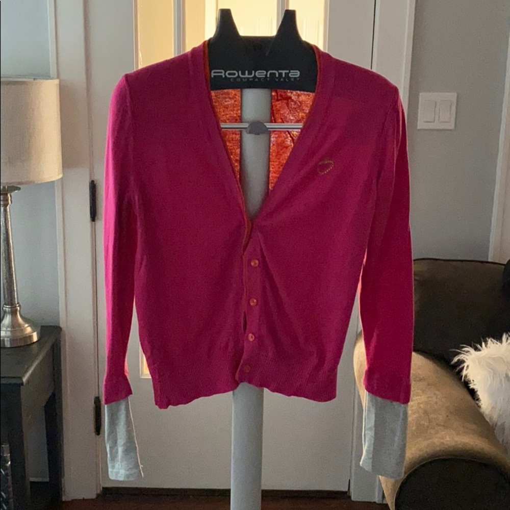 Cardigan - size Large. Purple/orange/gray